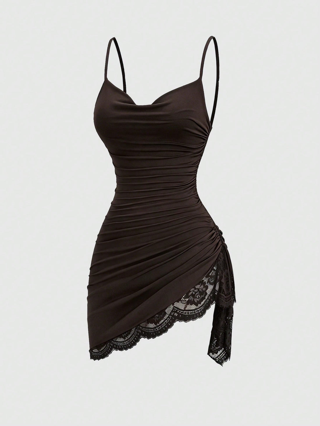 Women's coffee cowl neck cami dress with contrast lace patchwork, spaghetti straps, and an asymmetrical hem.