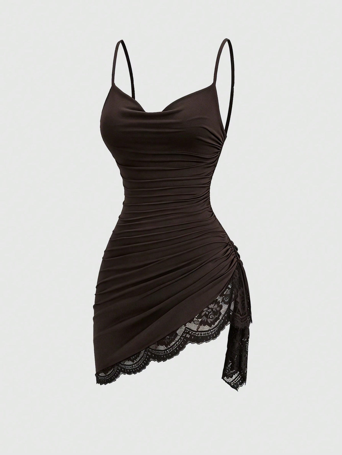 Women's coffee cowl neck cami dress with contrast lace patchwork, spaghetti straps, and an asymmetrical hem.