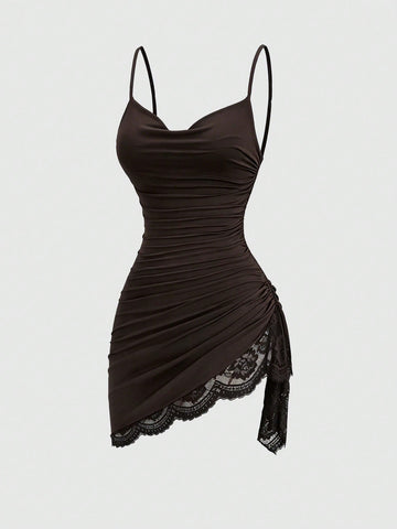 Women's coffee cowl neck cami dress with contrast lace patchwork, spaghetti straps, and an asymmetrical hem.