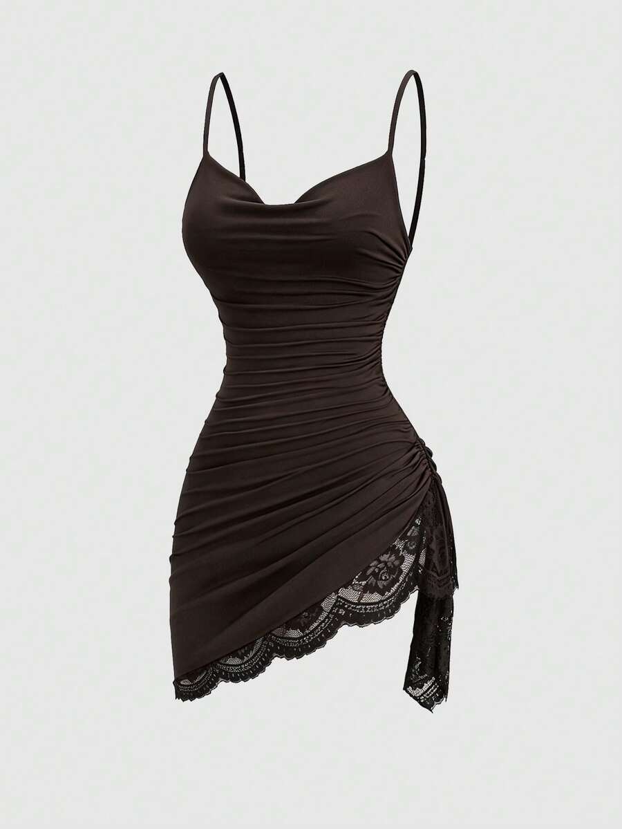 Women's coffee cowl neck cami dress with contrast lace patchwork, spaghetti straps, and an asymmetrical hem.