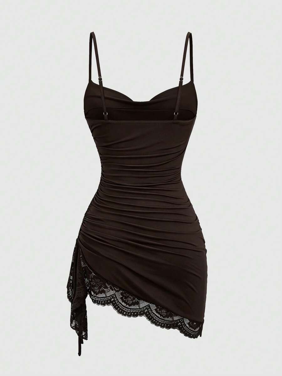 Women's coffee cowl neck cami dress with contrast lace patchwork, spaghetti straps, and an asymmetrical hem.