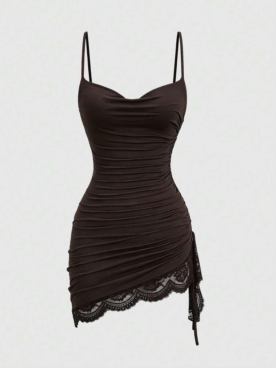 Women's coffee cowl neck cami dress with contrast lace patchwork, spaghetti straps, and an asymmetrical hem.