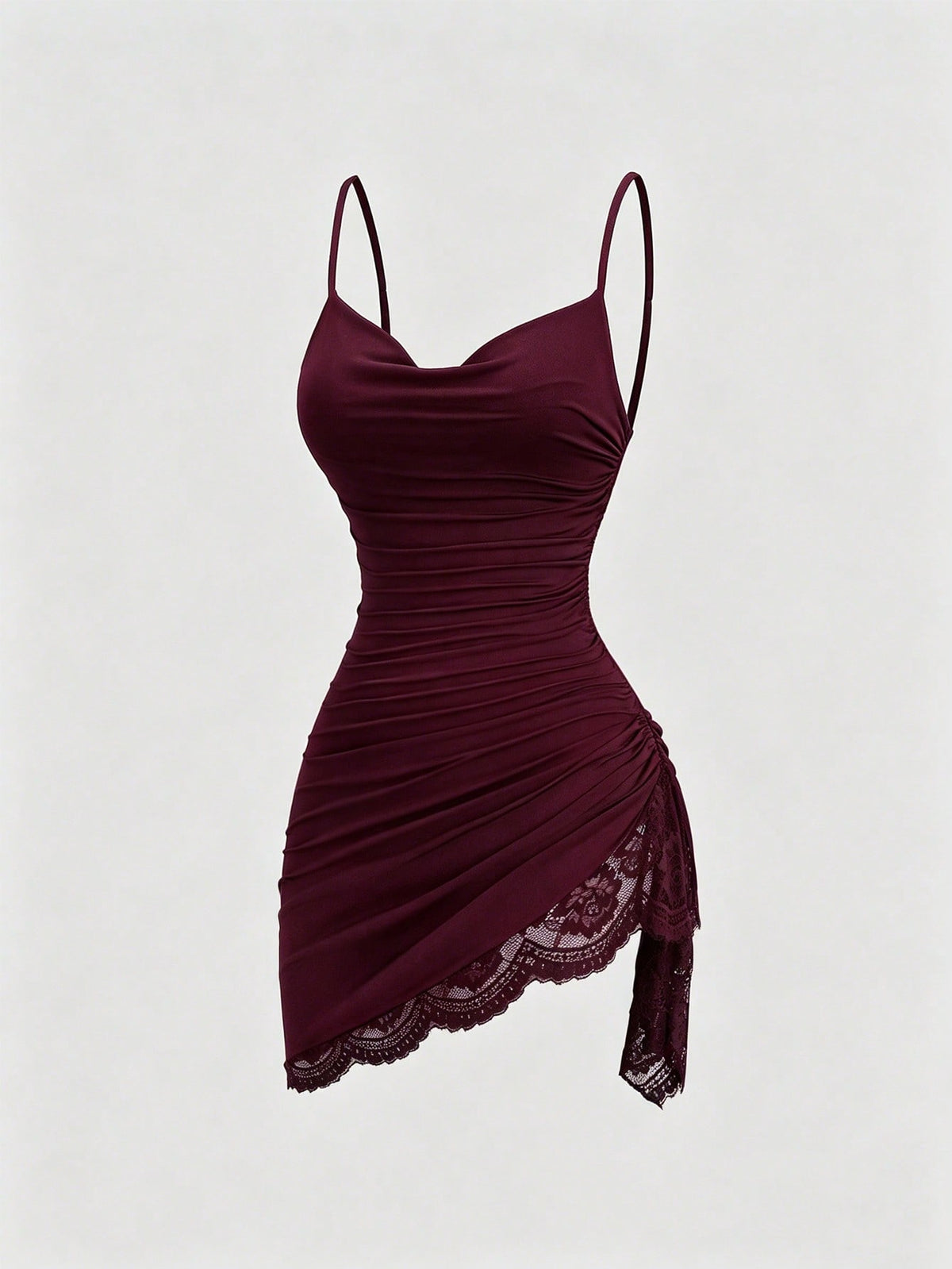 Women's coffee cowl neck cami dress with contrast lace patchwork, spaghetti straps, and an asymmetrical hem.