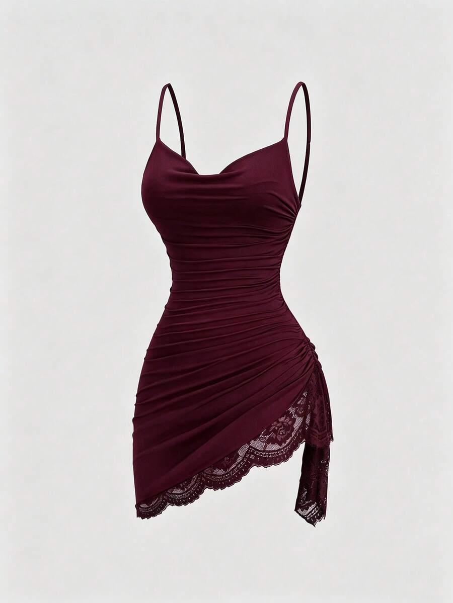 Women's coffee cowl neck cami dress with contrast lace patchwork, spaghetti straps, and an asymmetrical hem.