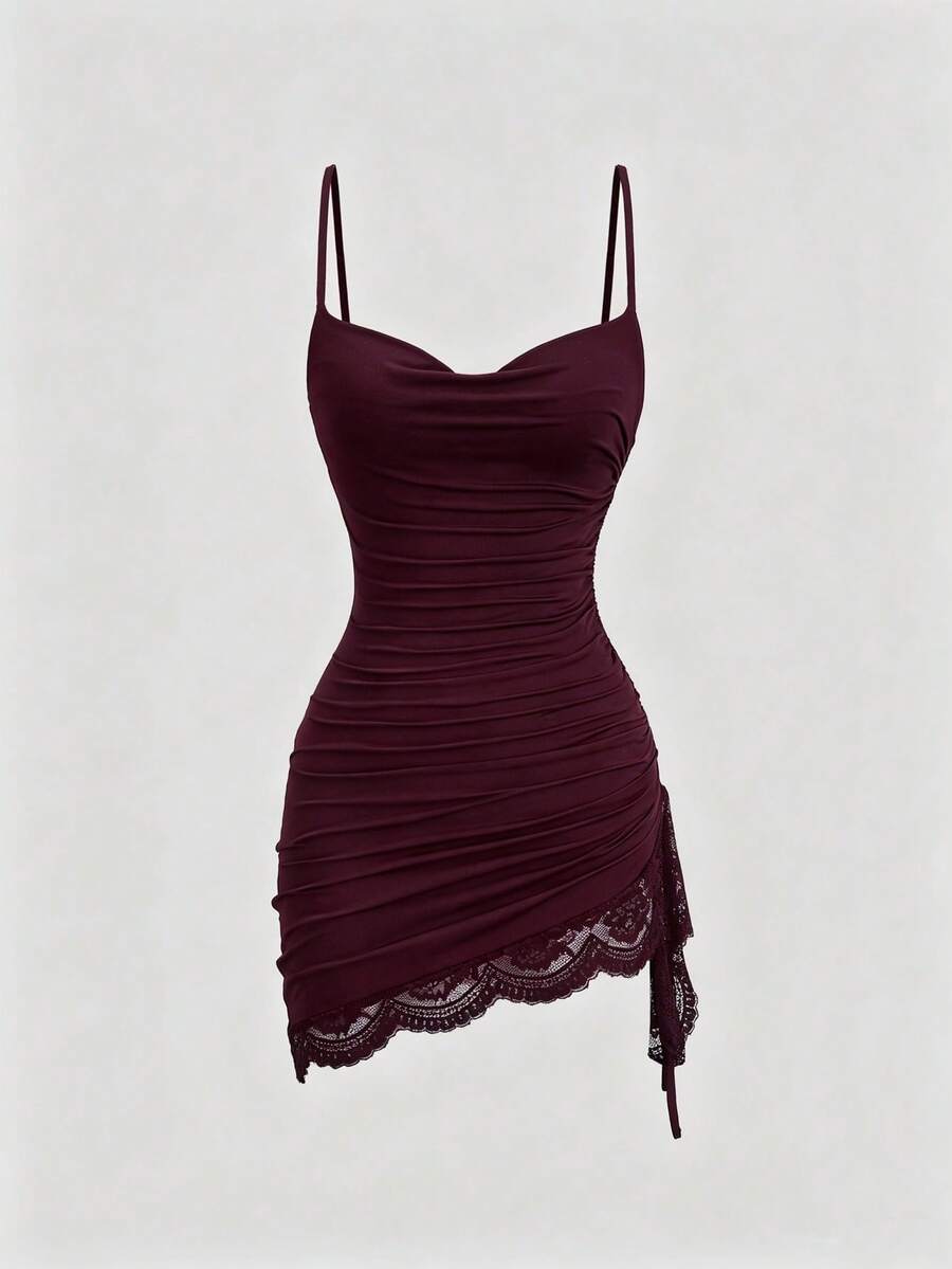 Women's coffee cowl neck cami dress with contrast lace patchwork, spaghetti straps, and an asymmetrical hem.