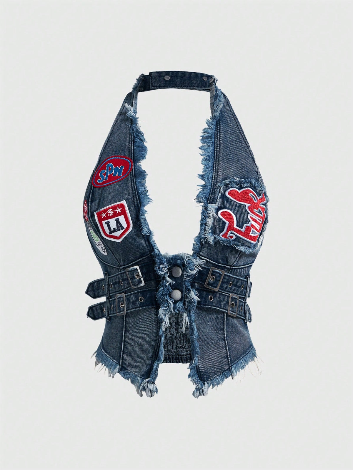 Women's denim halter crop top featuring a backless design, asymmetrical hem, single-breasted front, and lettuce trim.
