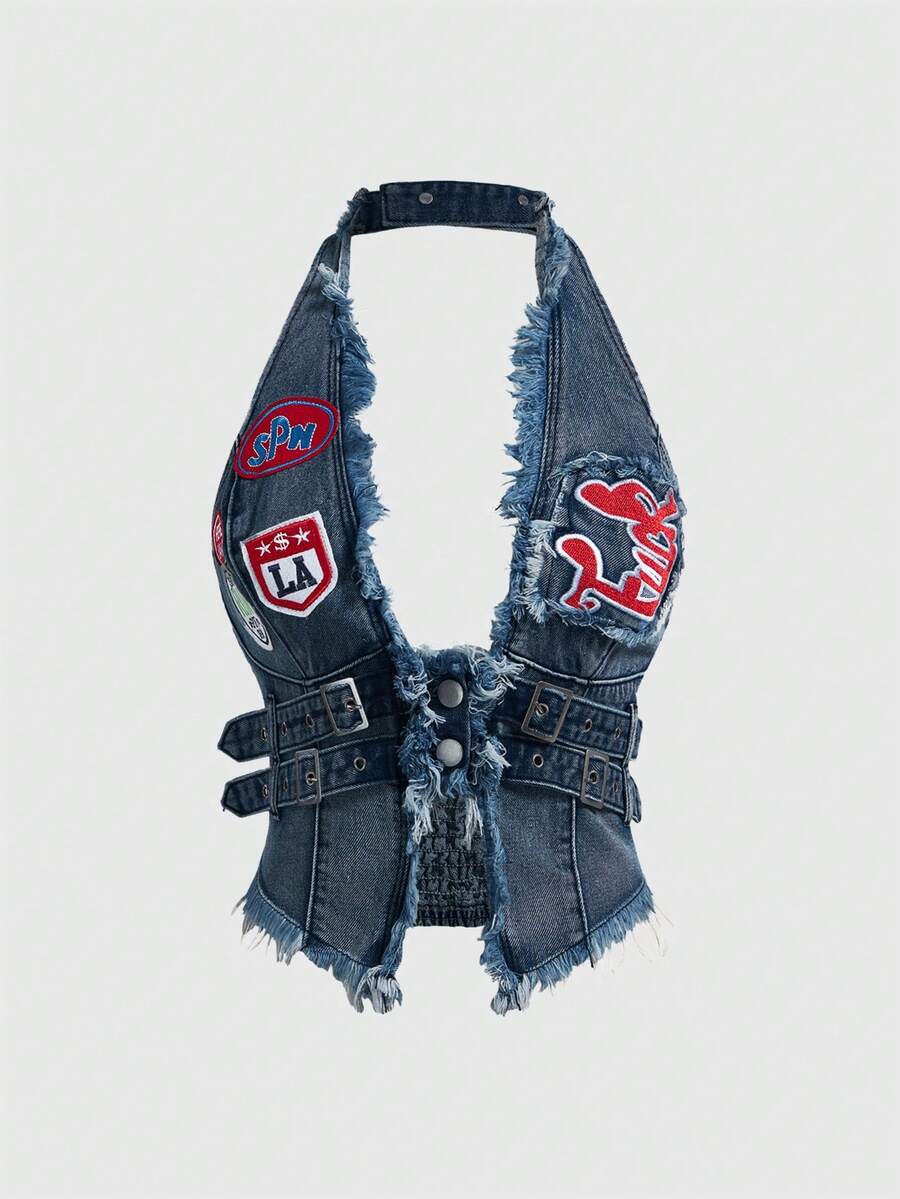 Women's denim halter crop top featuring a backless design, asymmetrical hem, single-breasted front, and lettuce trim.