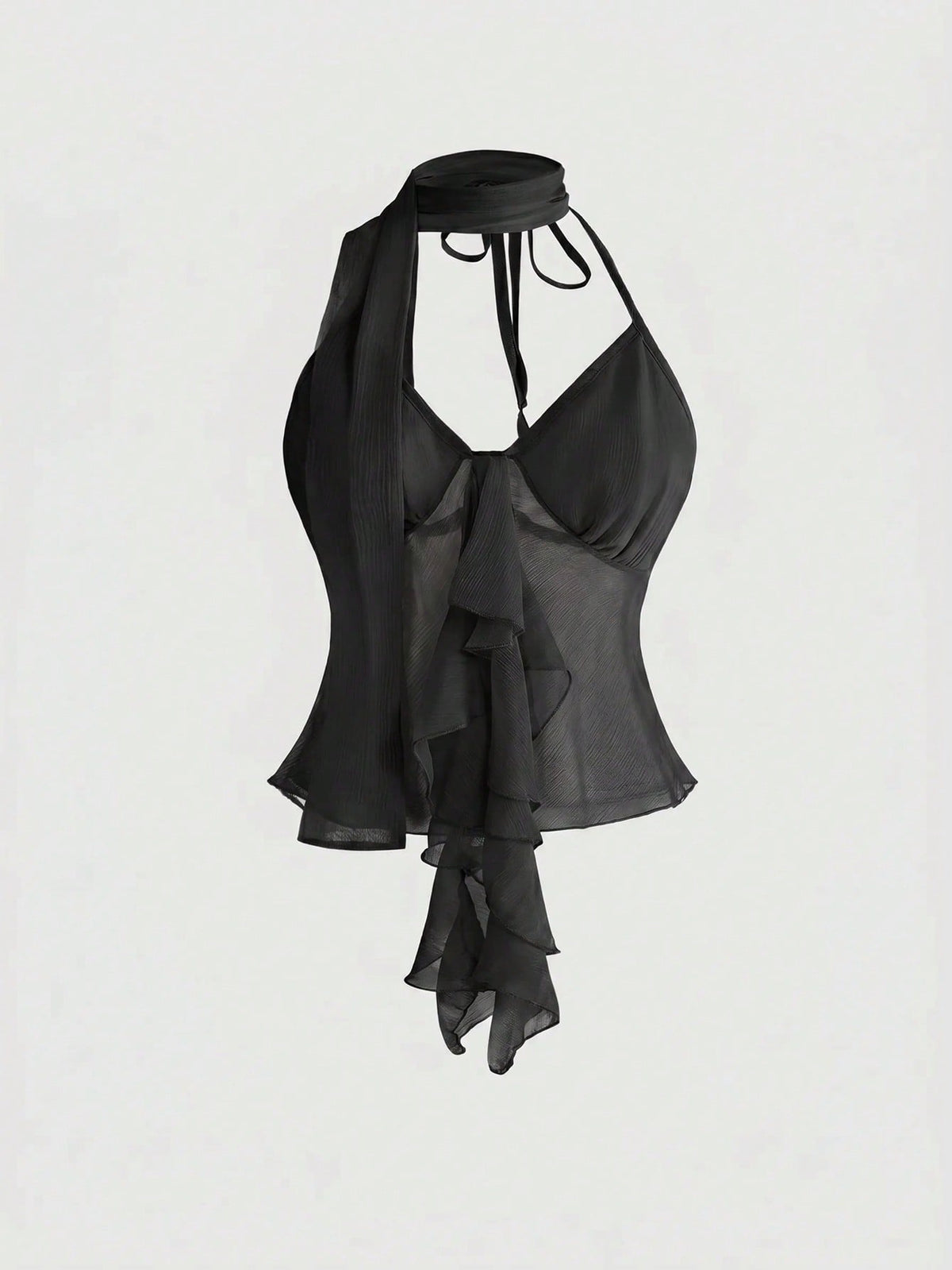 Black halter crop top featuring an asymmetrical ruffle hem and backless design for women.