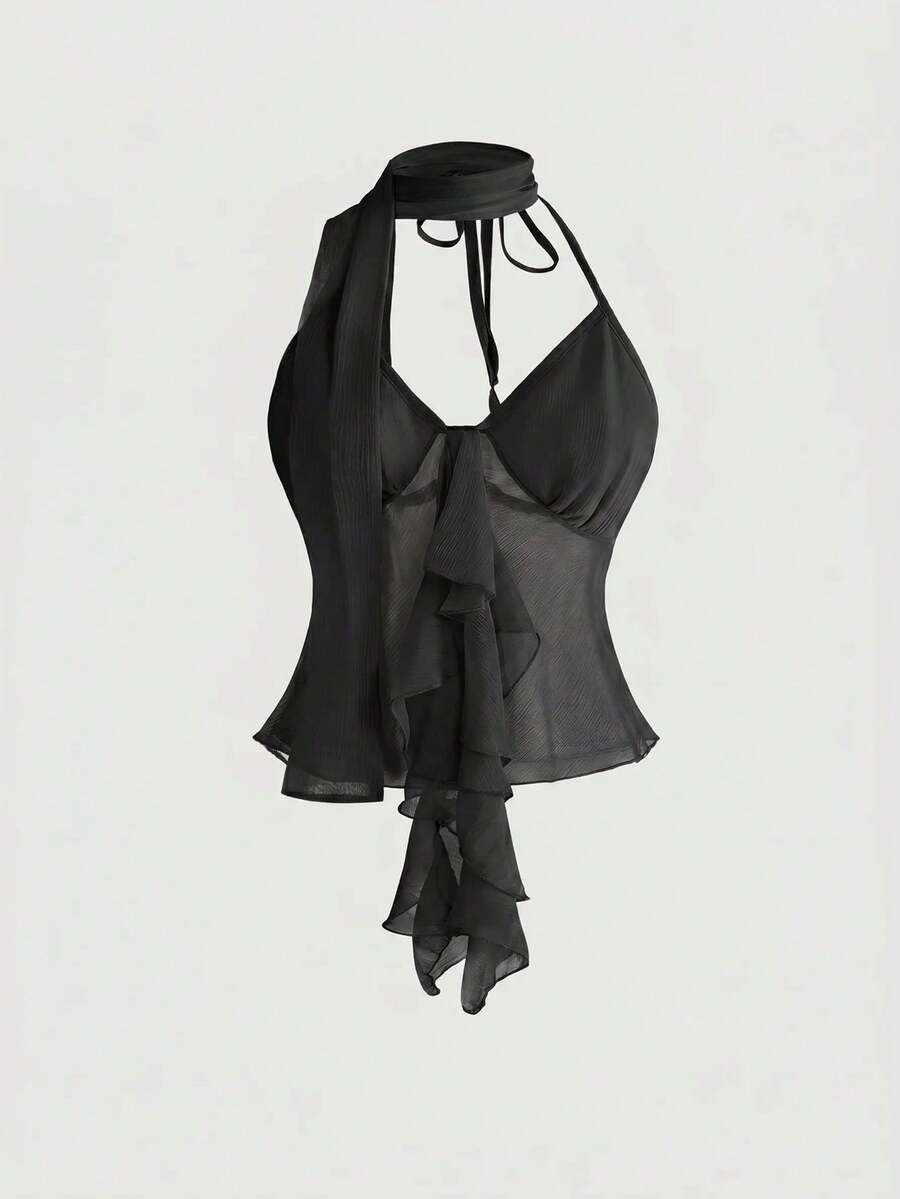 Black halter crop top featuring an asymmetrical ruffle hem and backless design for women.