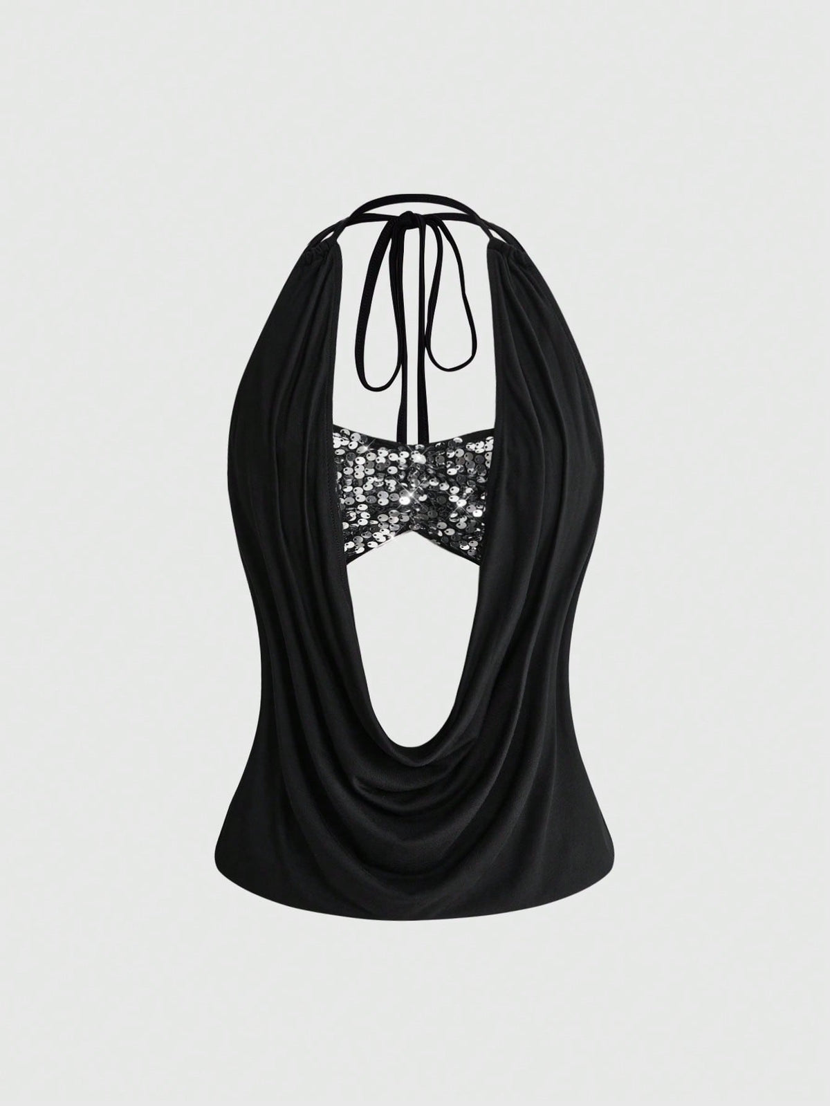 Women's black sequin halter tank top featuring a draped cowl neck and backless design