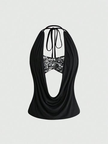 Women's black sequin halter tank top featuring a draped cowl neck and backless design
