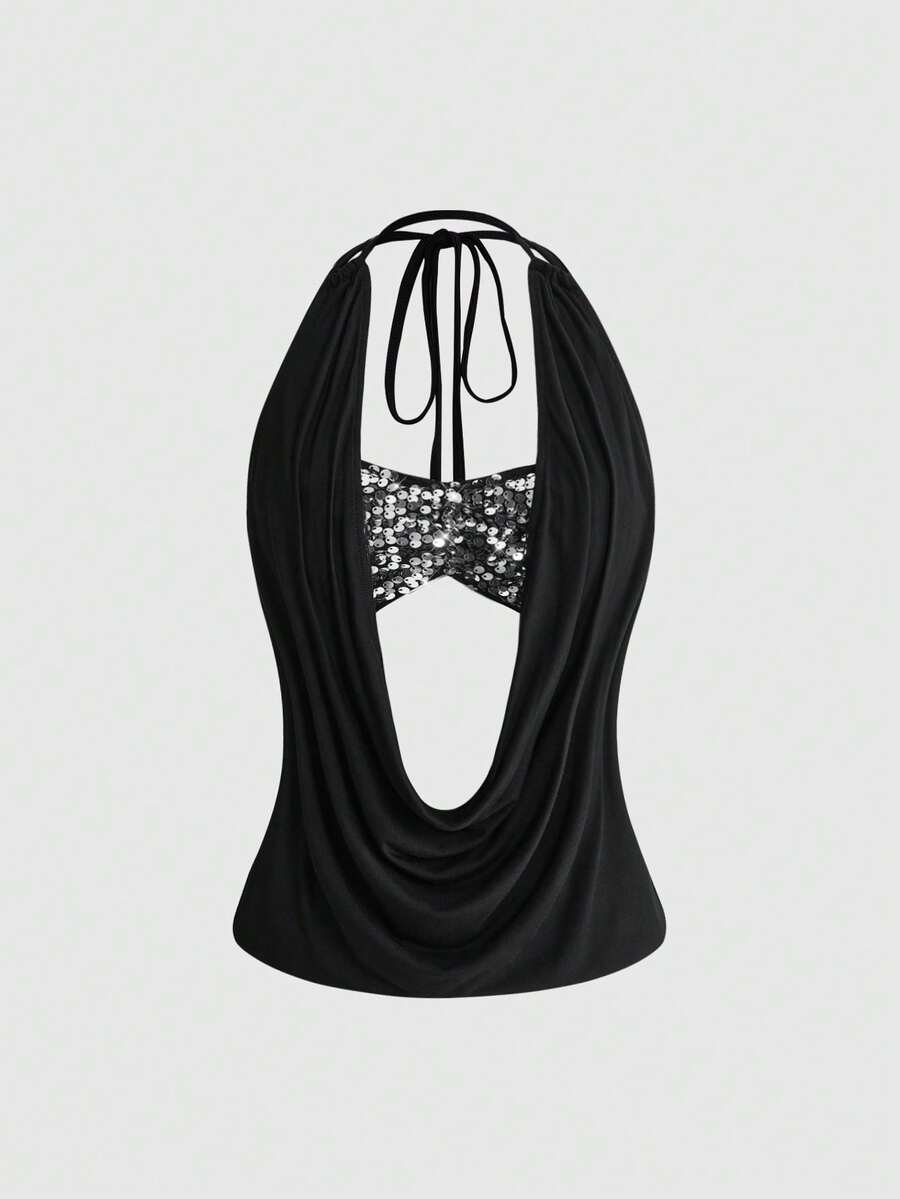 Women's black sequin halter tank top featuring a draped cowl neck and backless design