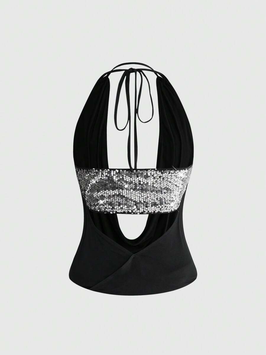 Women's black sequin halter tank top featuring a draped cowl neck and backless design