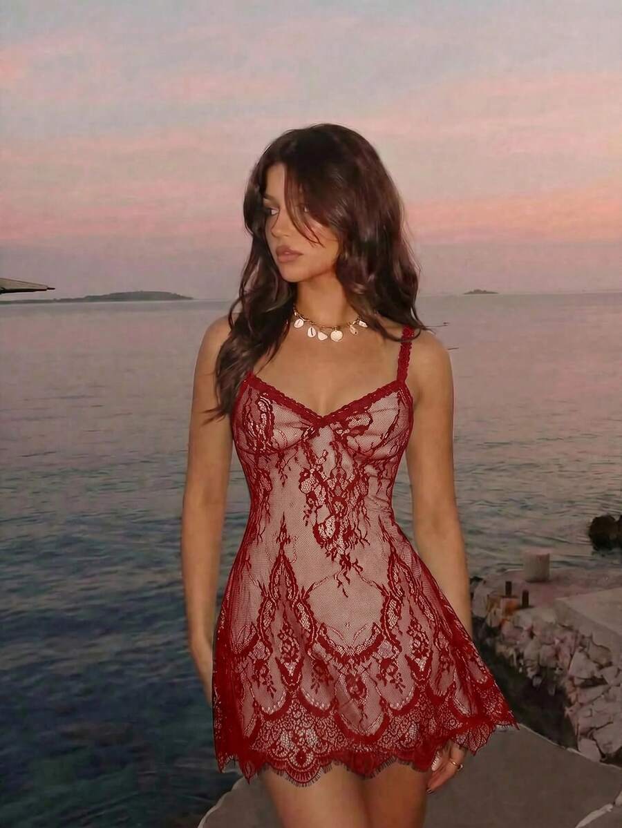 Skyraze women's lace waist-cinching cami dress featuring spaghetti straps, a high waist, and slim fit design.