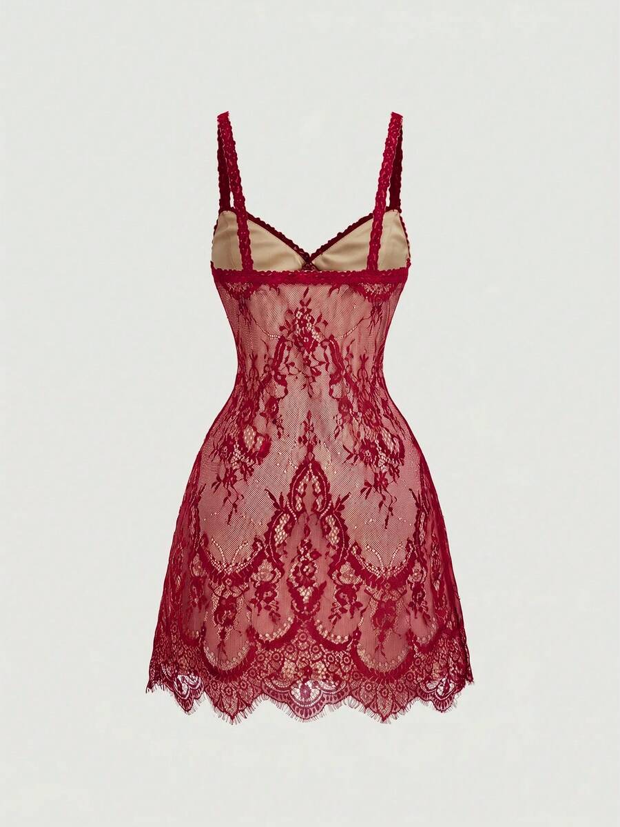 Skyraze women's lace waist-cinching cami dress featuring spaghetti straps, a high waist, and slim fit design.