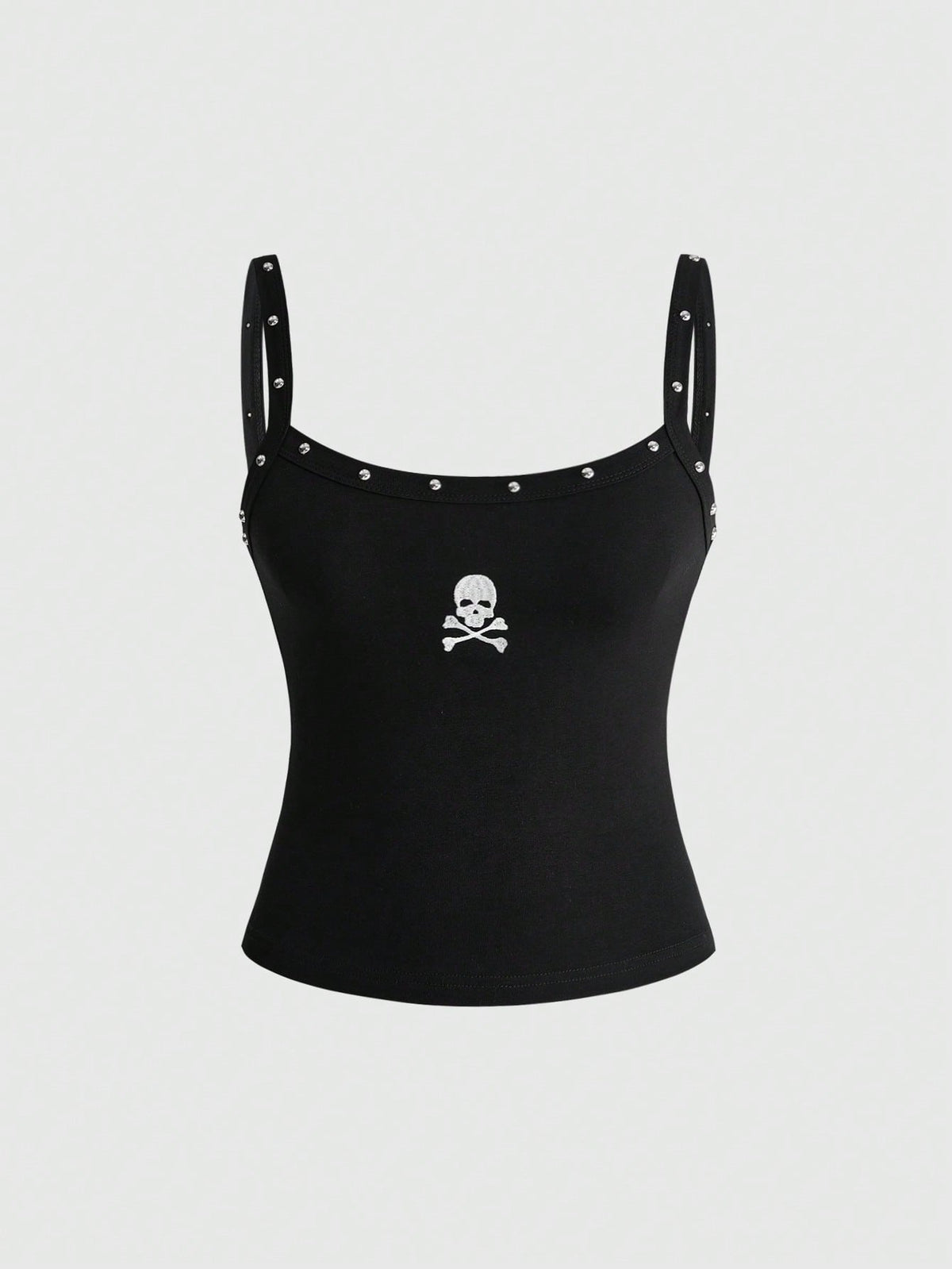 Women's black slim fit cami tank top featuring rhinestone skull accents, shoulder straps, and high-stretch knitted fabric.