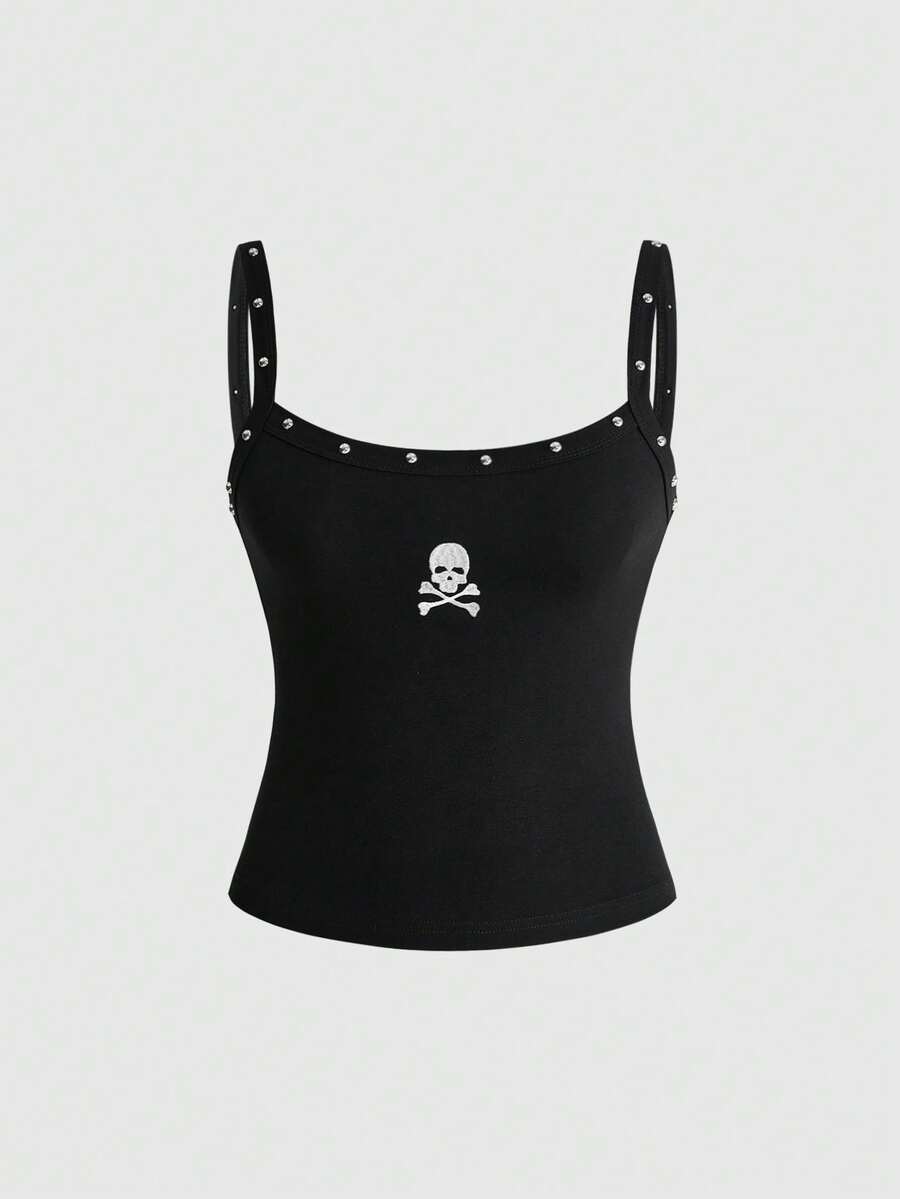 Women's black slim fit cami tank top featuring rhinestone skull accents, shoulder straps, and high-stretch knitted fabric.