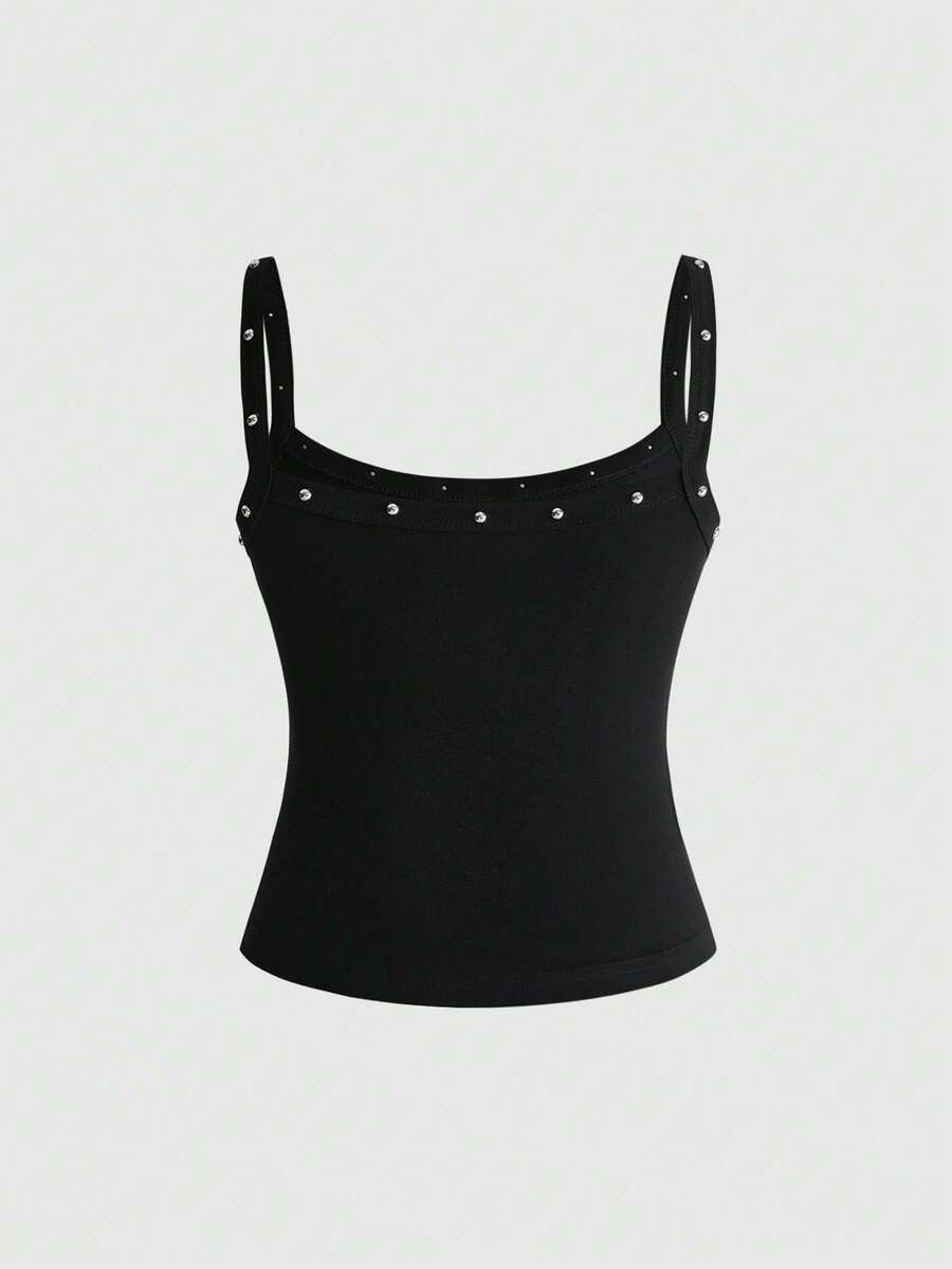 Women's black slim fit cami tank top featuring rhinestone skull accents, shoulder straps, and high-stretch knitted fabric.