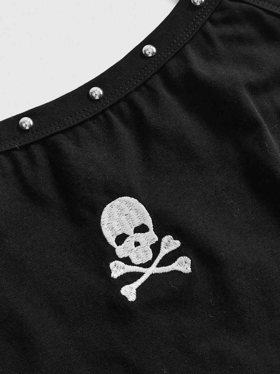 Women's black slim fit cami tank top featuring rhinestone skull accents, shoulder straps, and high-stretch knitted fabric.