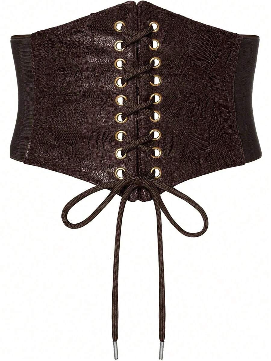 Black lace-up waist cincher with grommet eyelets, baroque pattern, medium stretch, and wide belt design for women.