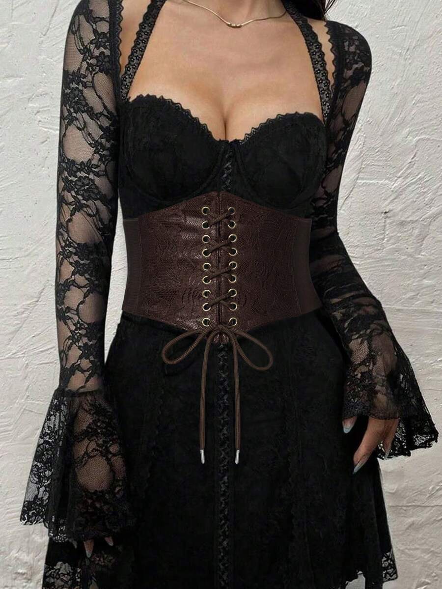 Black lace-up waist cincher with grommet eyelets, baroque pattern, medium stretch, and wide belt design for women.