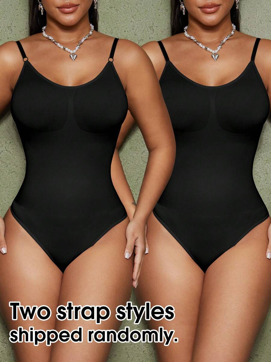 Women's seamless backless shaping bodysuit with thong bottom, high stretch knitted fabric, and built-in padding.