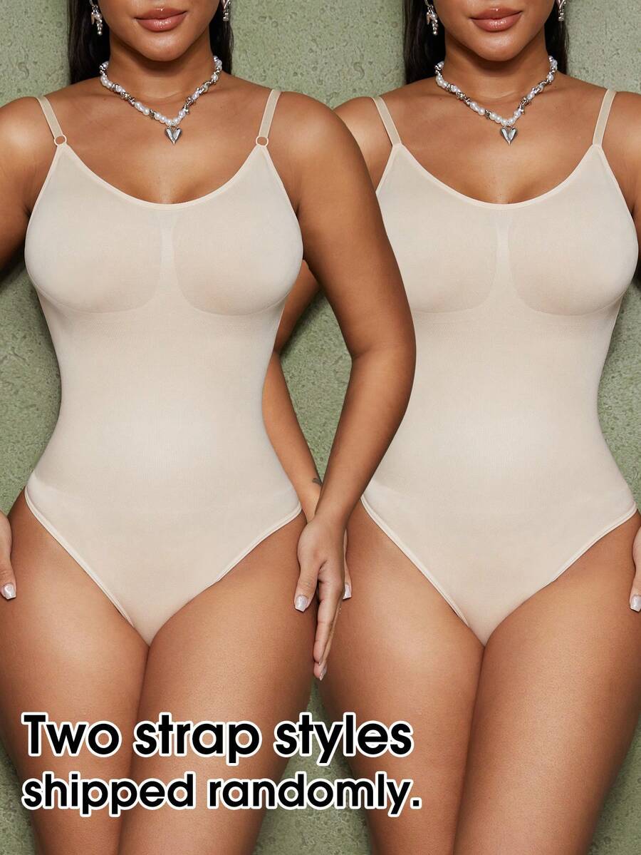 Women's seamless backless shaping bodysuit with thong bottom, high stretch knitted fabric, and built-in padding.