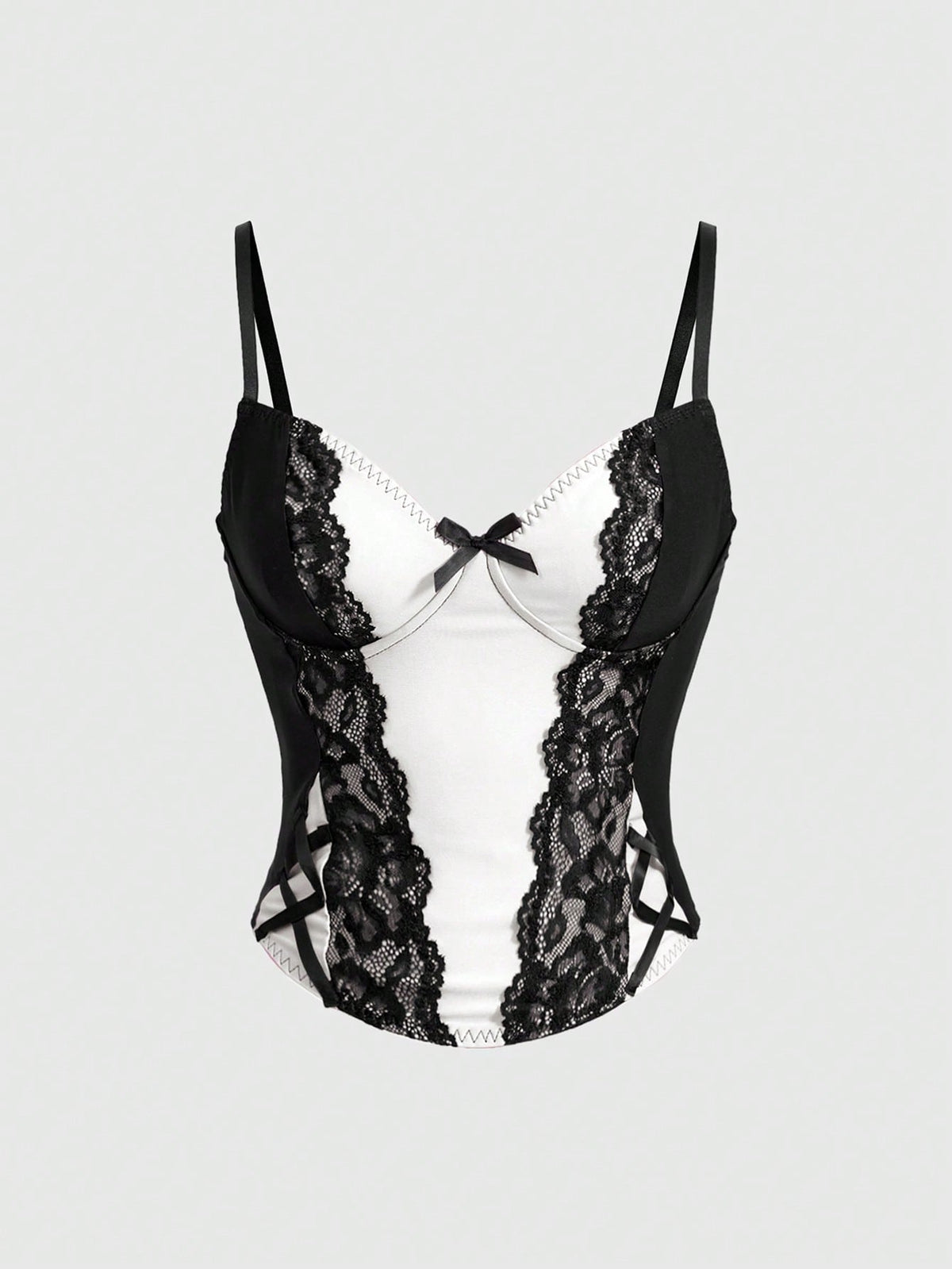 ROMWE women's black Goth Y2K contrast lace spaghetti strap cami crop top featuring bow details and waist tie decor.