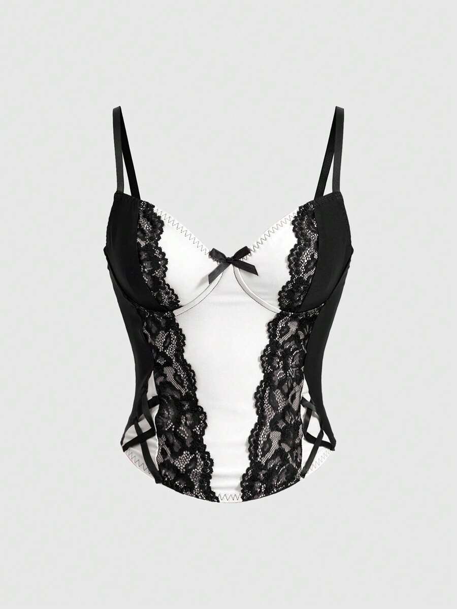 ROMWE women's black Goth Y2K contrast lace spaghetti strap cami crop top featuring bow details and waist tie decor.