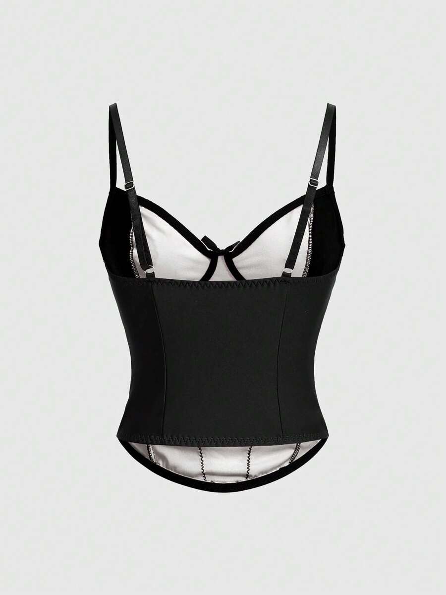 ROMWE women's black Goth Y2K contrast lace spaghetti strap cami crop top featuring bow details and waist tie decor.