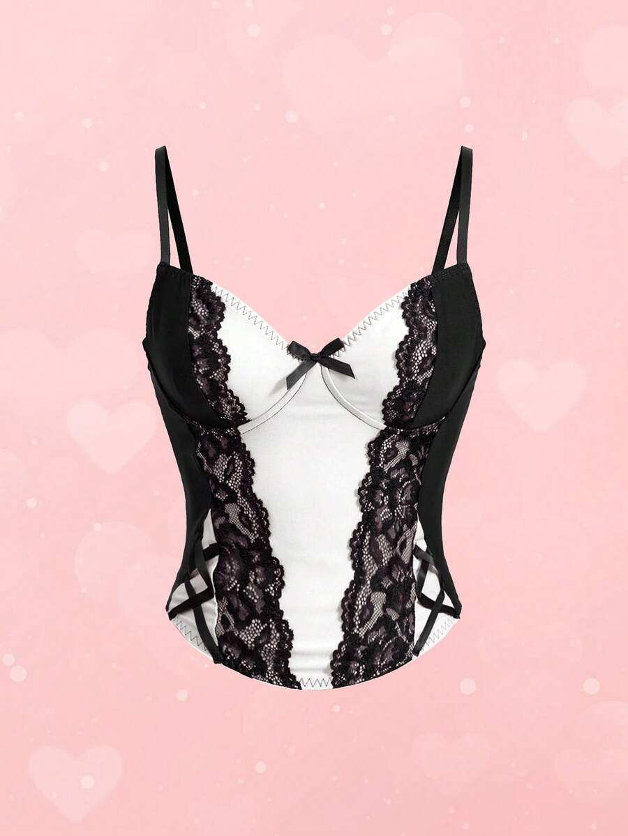 ROMWE women's black Goth Y2K contrast lace spaghetti strap cami crop top featuring bow details and waist tie decor.