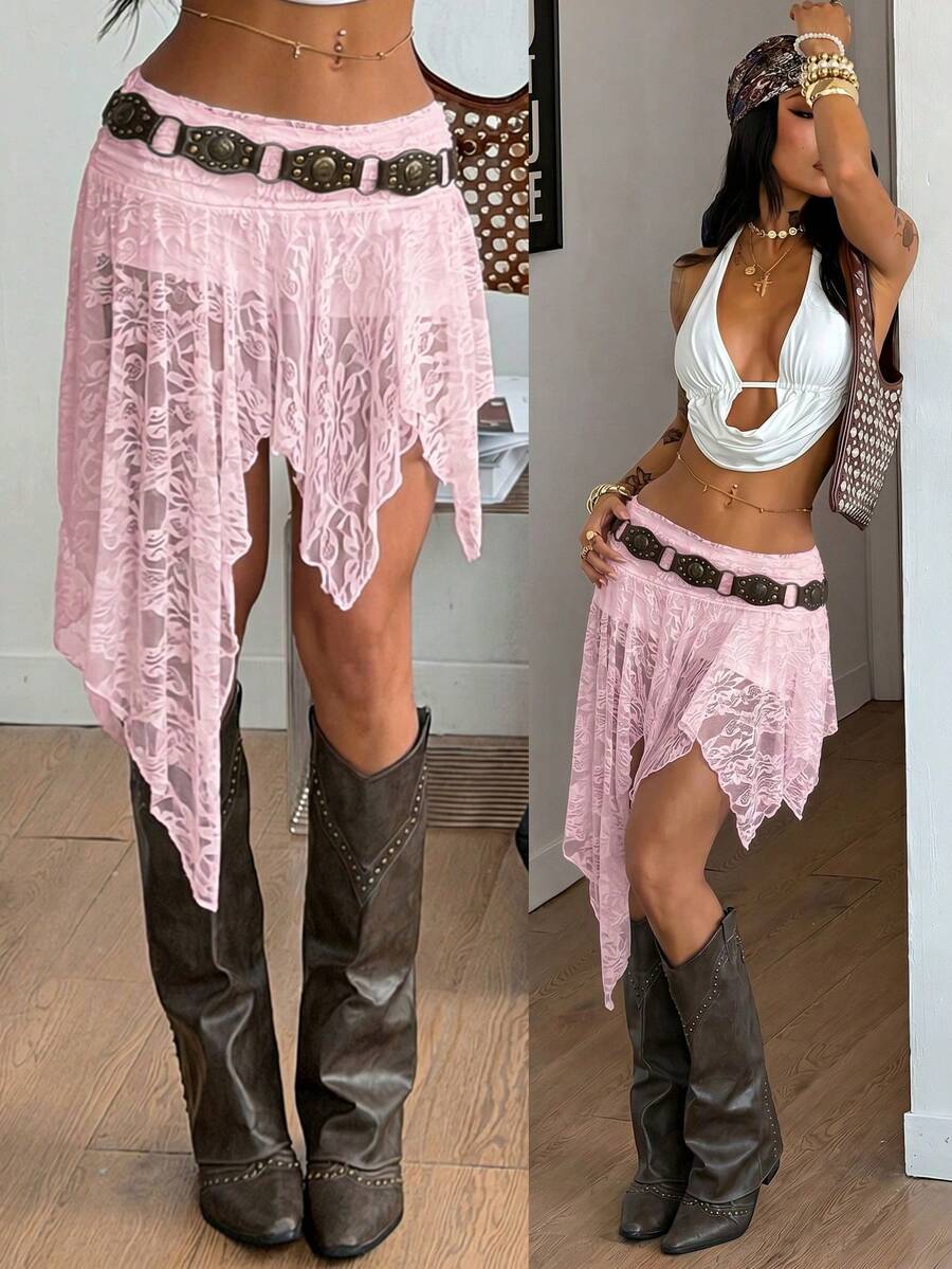 Women's asymmetrical ruffle skort with low waist, hollow out details, and lined body in knitted stretch fabric for beach and summer wear.
