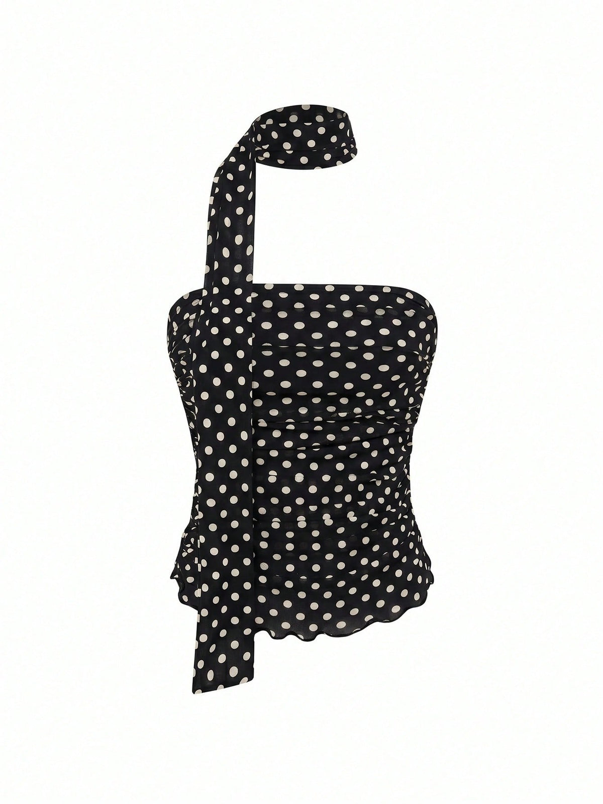 Women's black polka dot strapless tube top made of ruched mesh fabric featuring an asymmetrical hem and matching scarf.