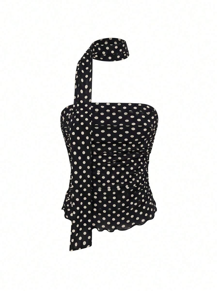 Women's black polka dot strapless tube top made of ruched mesh fabric featuring an asymmetrical hem and matching scarf.