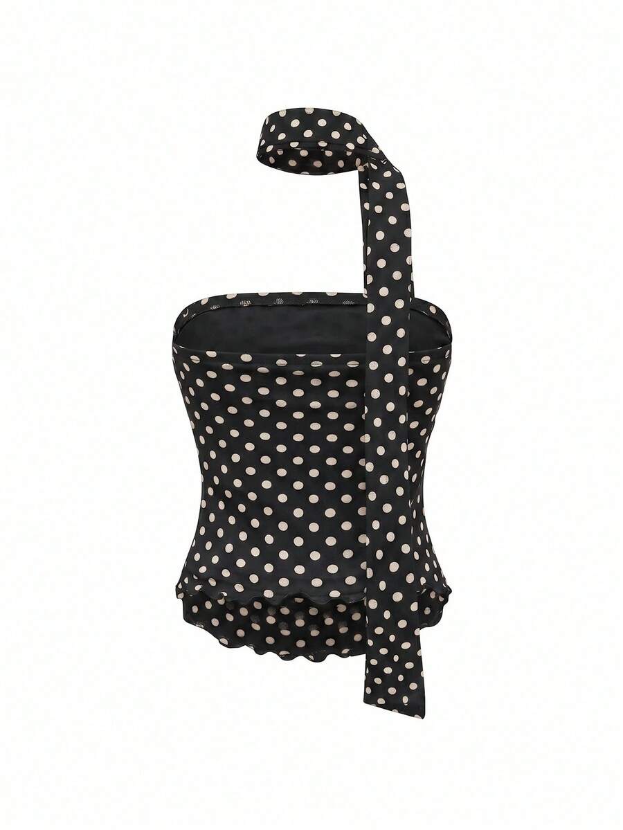 Women's black polka dot strapless tube top made of ruched mesh fabric featuring an asymmetrical hem and matching scarf.