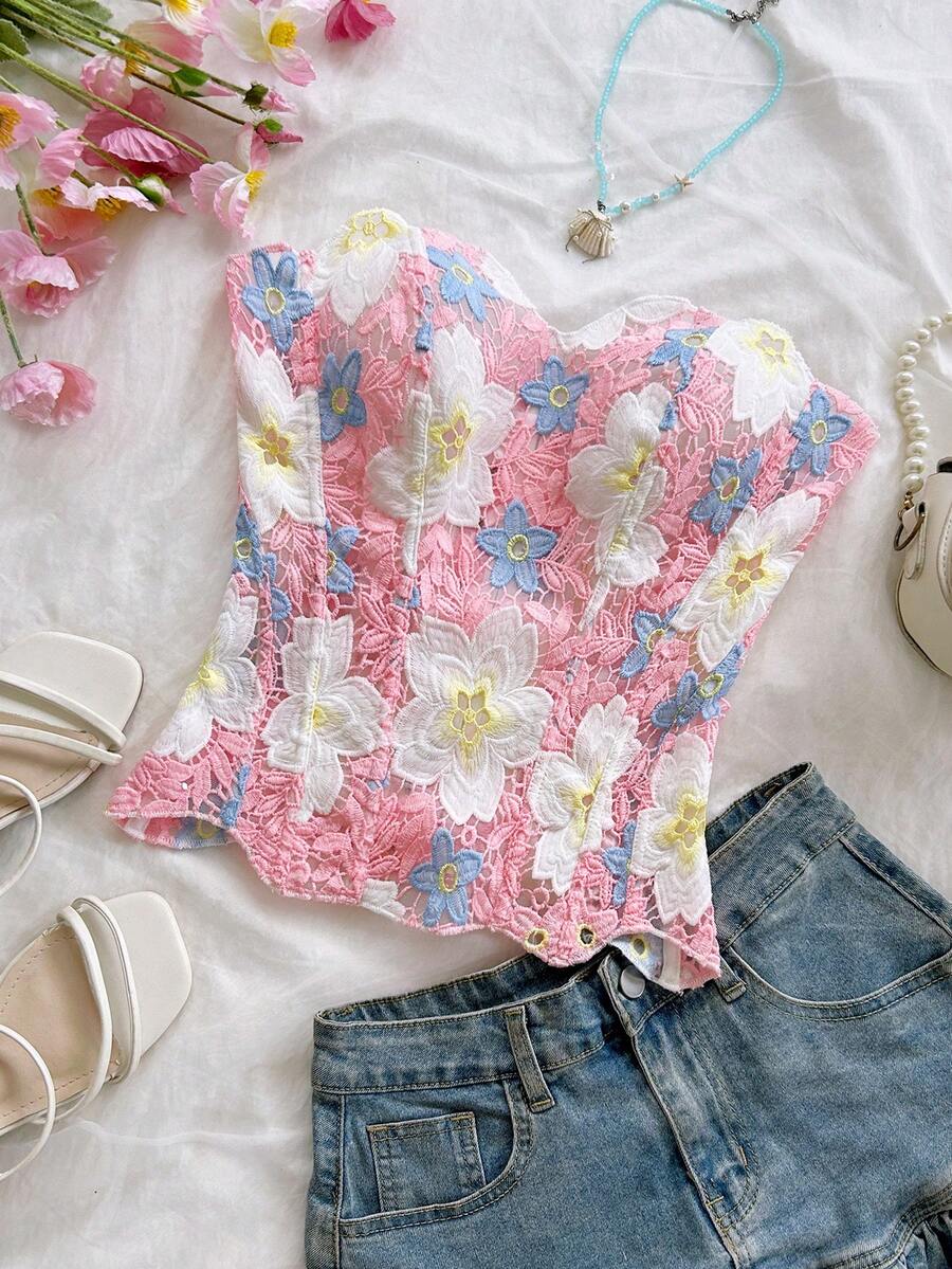 Strapless floral lace corset top with lace-up detail, asymmetrical hem, and slim fit for women.