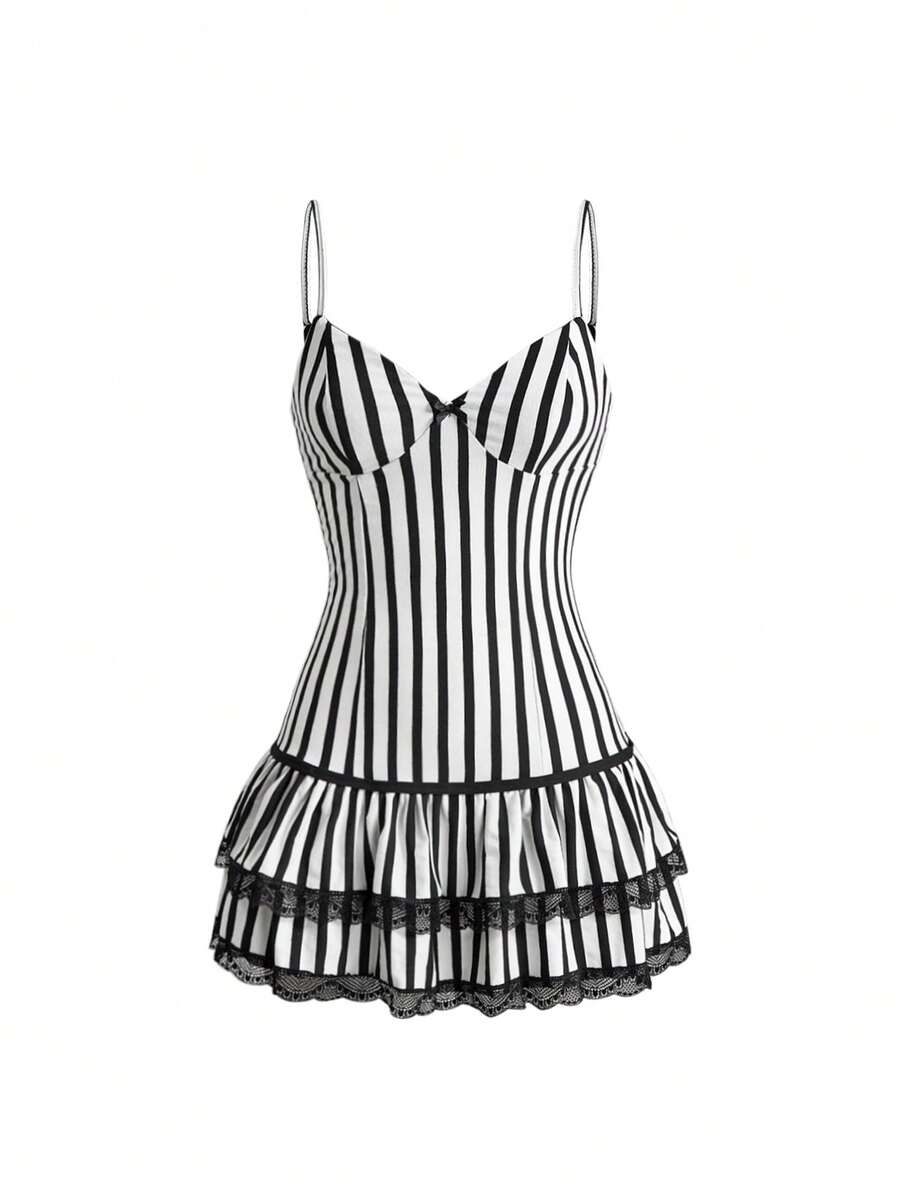 Women's black and white striped knit mini dress with spaghetti straps, slim fit silhouette, layered hem, and matching arm sleeves.