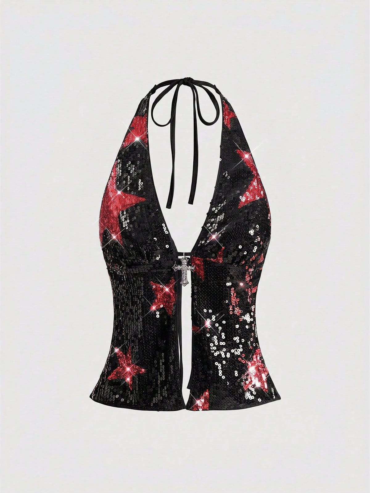 Women's sequin halter tank top featuring a backless slim fit design with knot and split details.