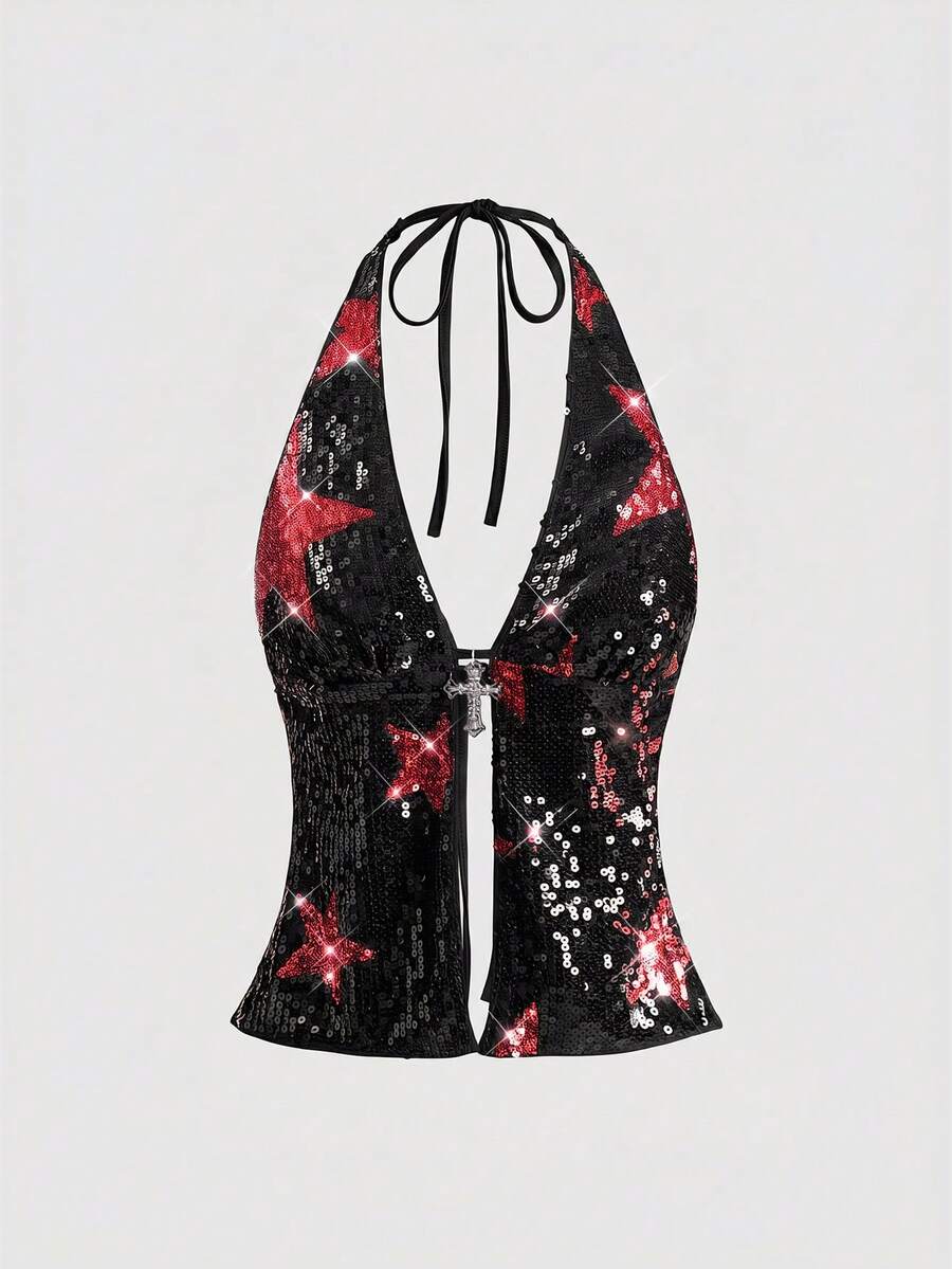 Women's sequin halter tank top featuring a backless slim fit design with knot and split details.