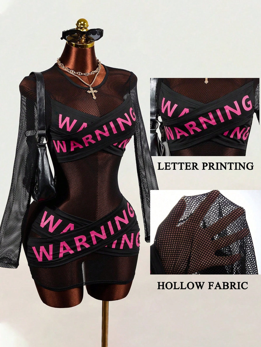 Women's black letter print semi-sheer mesh bodycon mini dress with long sleeves and stand collar.