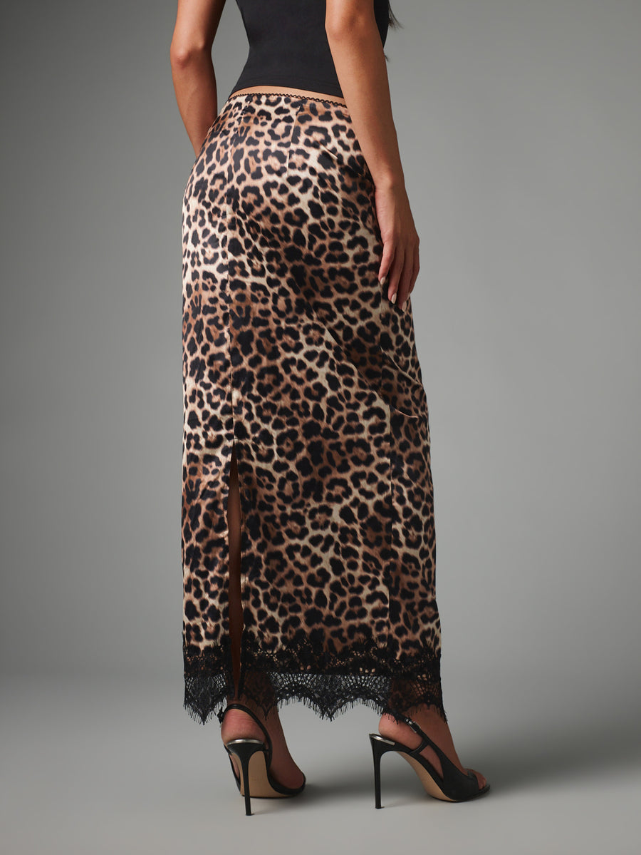Brown leopard print satin maxi skirt with black lace hem trim and slip style design for women.