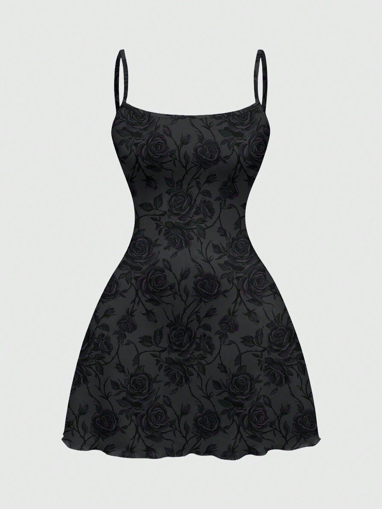 Beige graphic cami mini dress for women featuring a backless slim fit design, high waist flared hem, lettuce trim, spaghetti straps, and arm sleeves.