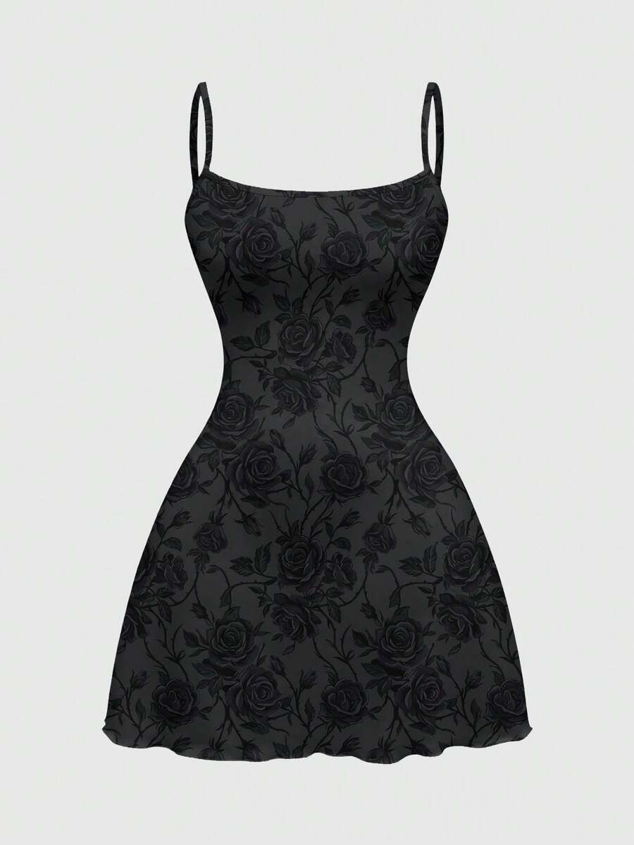 Beige graphic cami mini dress for women featuring a backless slim fit design, high waist flared hem, lettuce trim, spaghetti straps, and arm sleeves.
