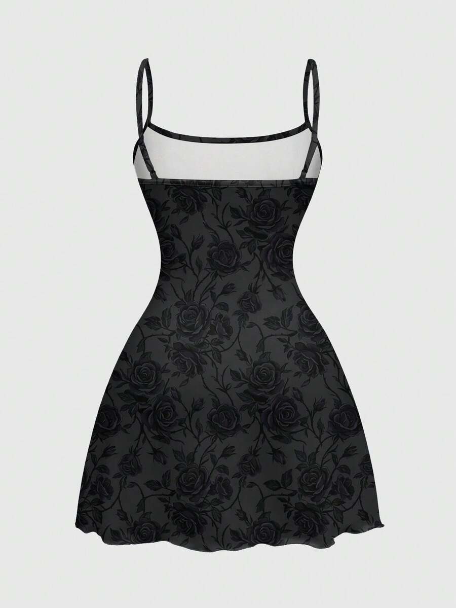 Beige graphic cami mini dress for women featuring a backless slim fit design, high waist flared hem, lettuce trim, spaghetti straps, and arm sleeves.