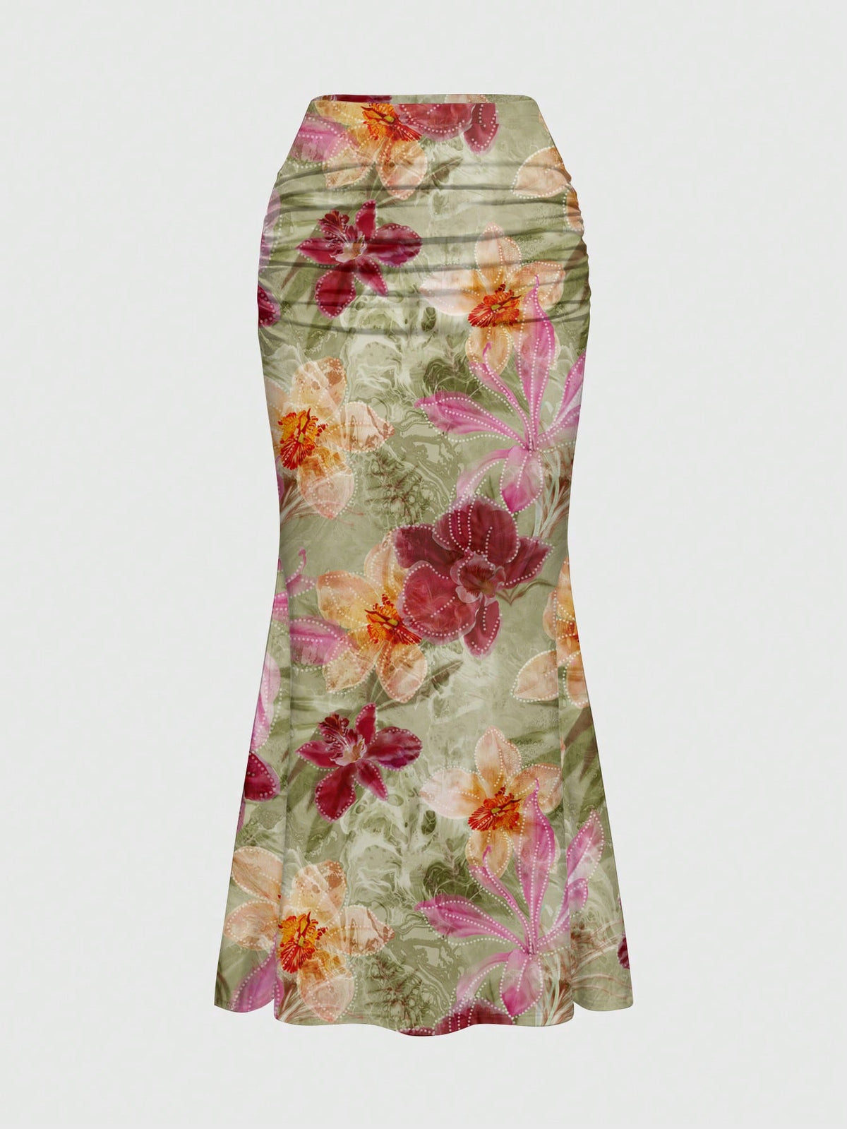 Black low waist ruched bodycon maxi skirt with sun and moon full print pattern on high stretch knitted fabric.