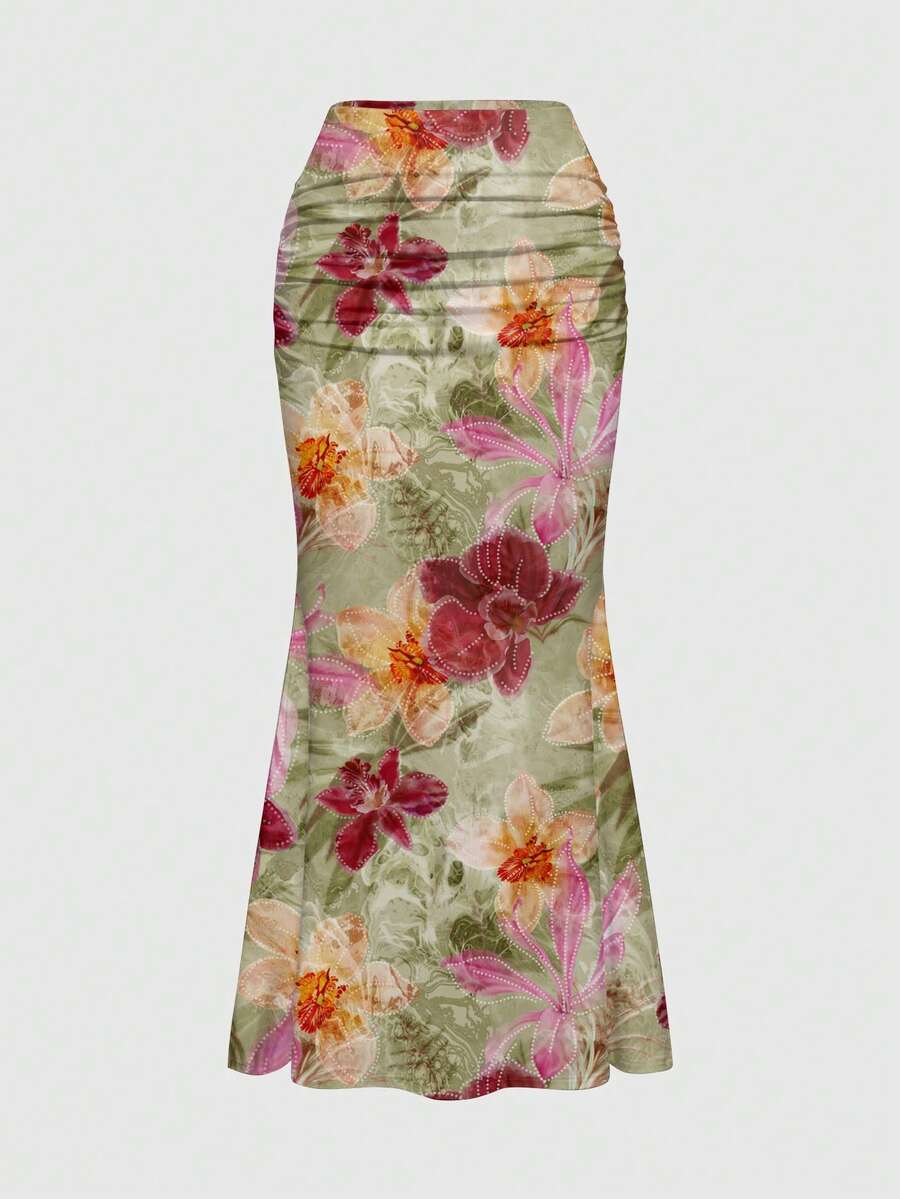 Black low waist ruched bodycon maxi skirt with sun and moon full print pattern on high stretch knitted fabric.