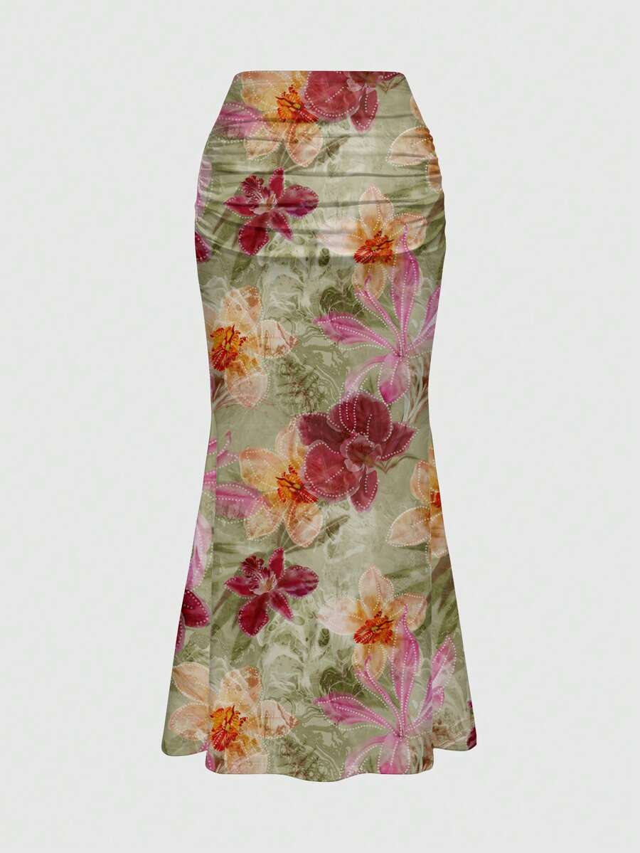 Black low waist ruched bodycon maxi skirt with sun and moon full print pattern on high stretch knitted fabric.