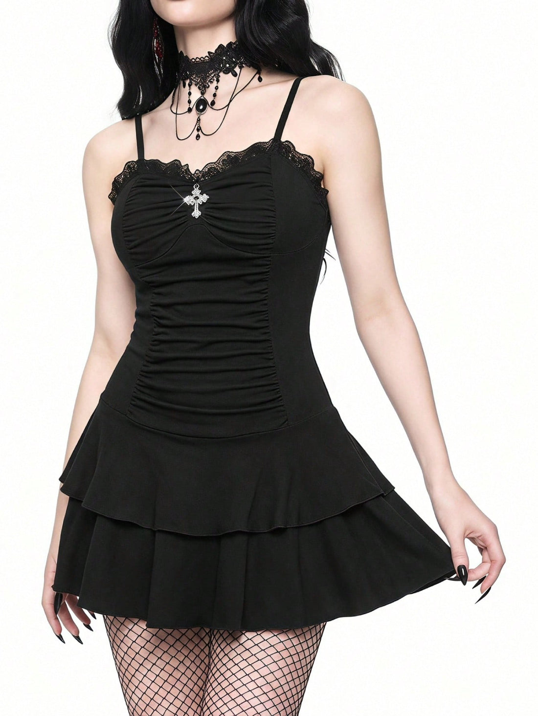 Women's black tiered ruched mini dress featuring an asymmetrical neckline, camisole straps, cold shoulder detailing, and a slim fit A-line silhouette.