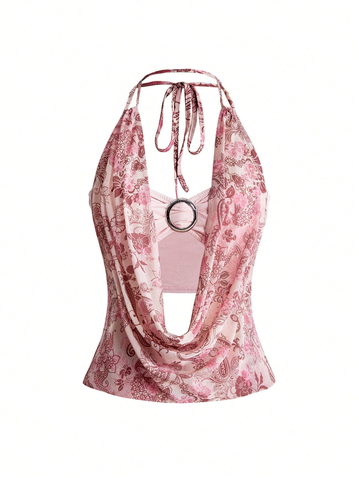 Women's cowl neck halter crop tank top featuring a draped backless design and matching bandeau inner layer.