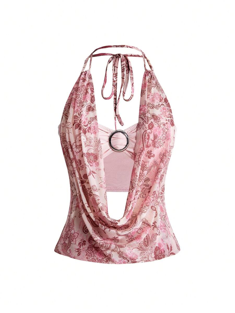 Women's cowl neck halter crop tank top featuring a draped backless design and matching bandeau inner layer.